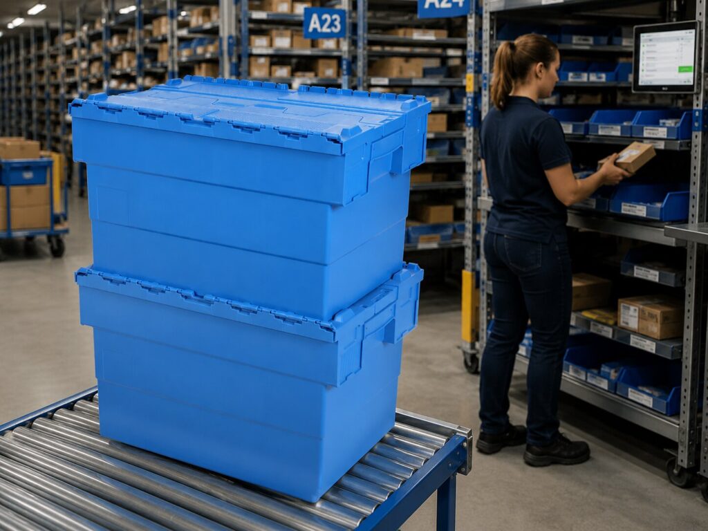 Kunststof distributiebakken van Transoplast, stapelbaar en nestbaar, op voorraad